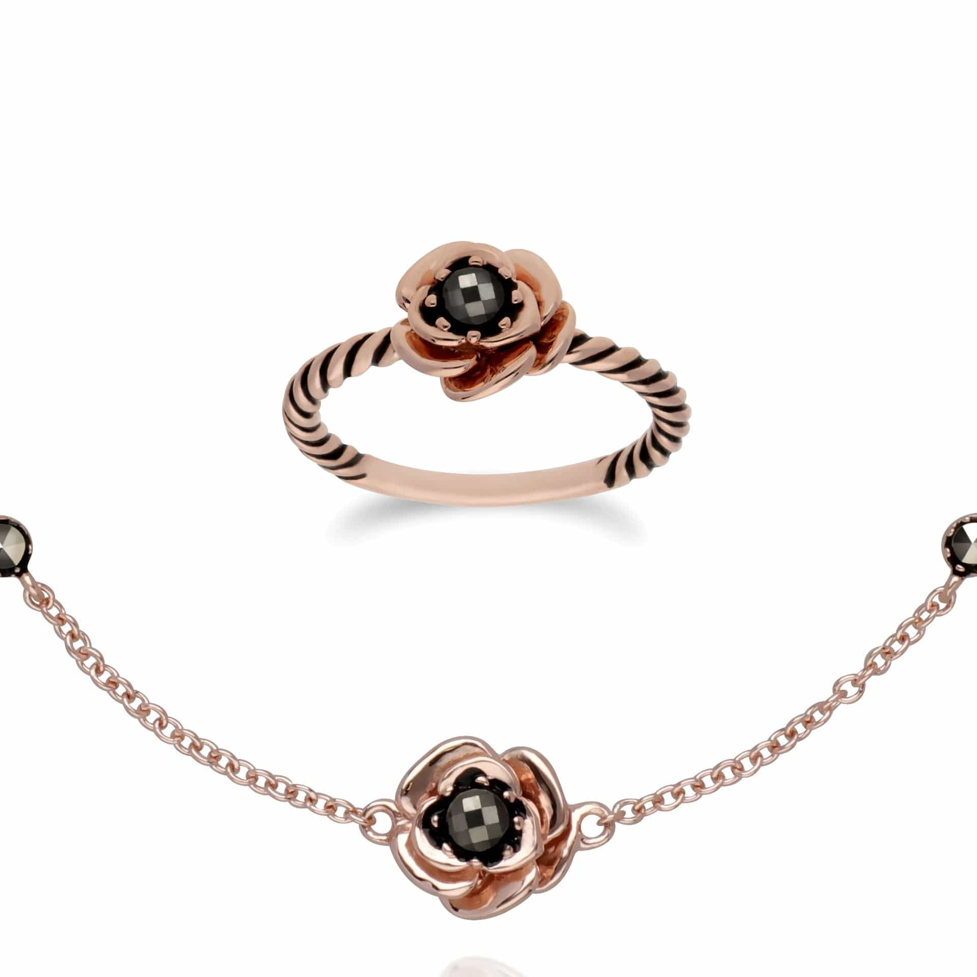 Rose Gold Marcasite Flower Ring & Bracelet Set Image 1