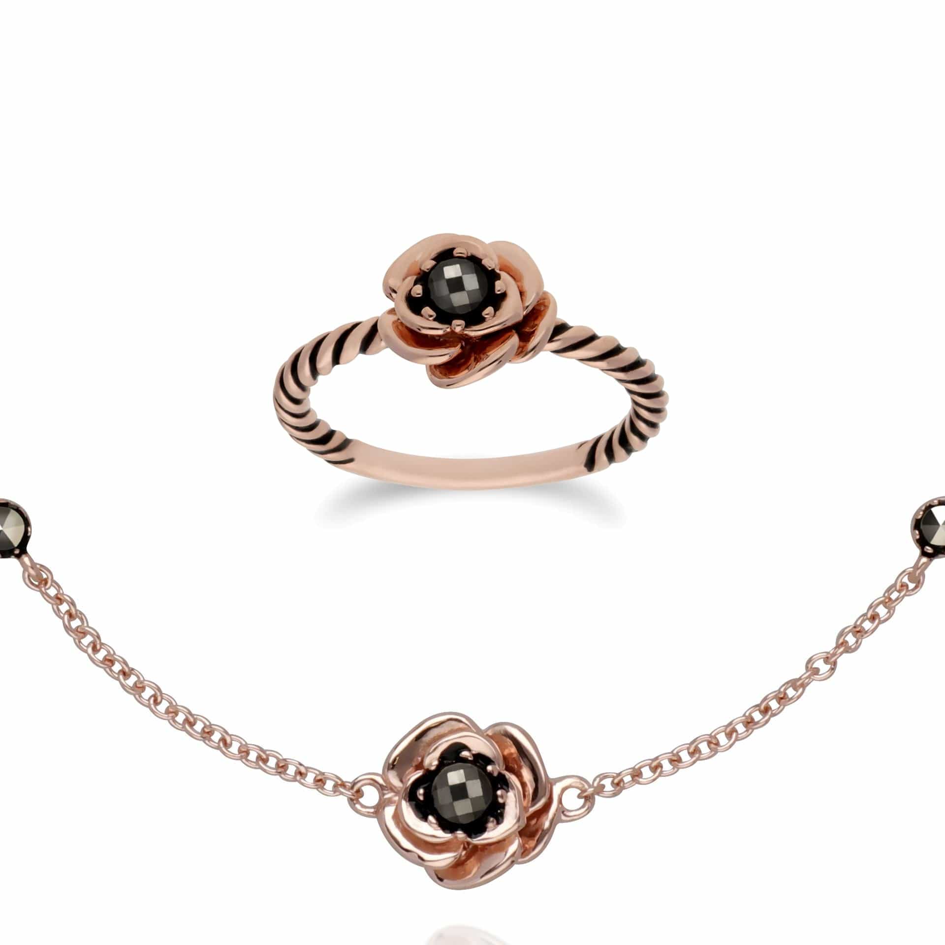 Rose Gold Marcasite Flower Ring & Bracelet Set Image 1