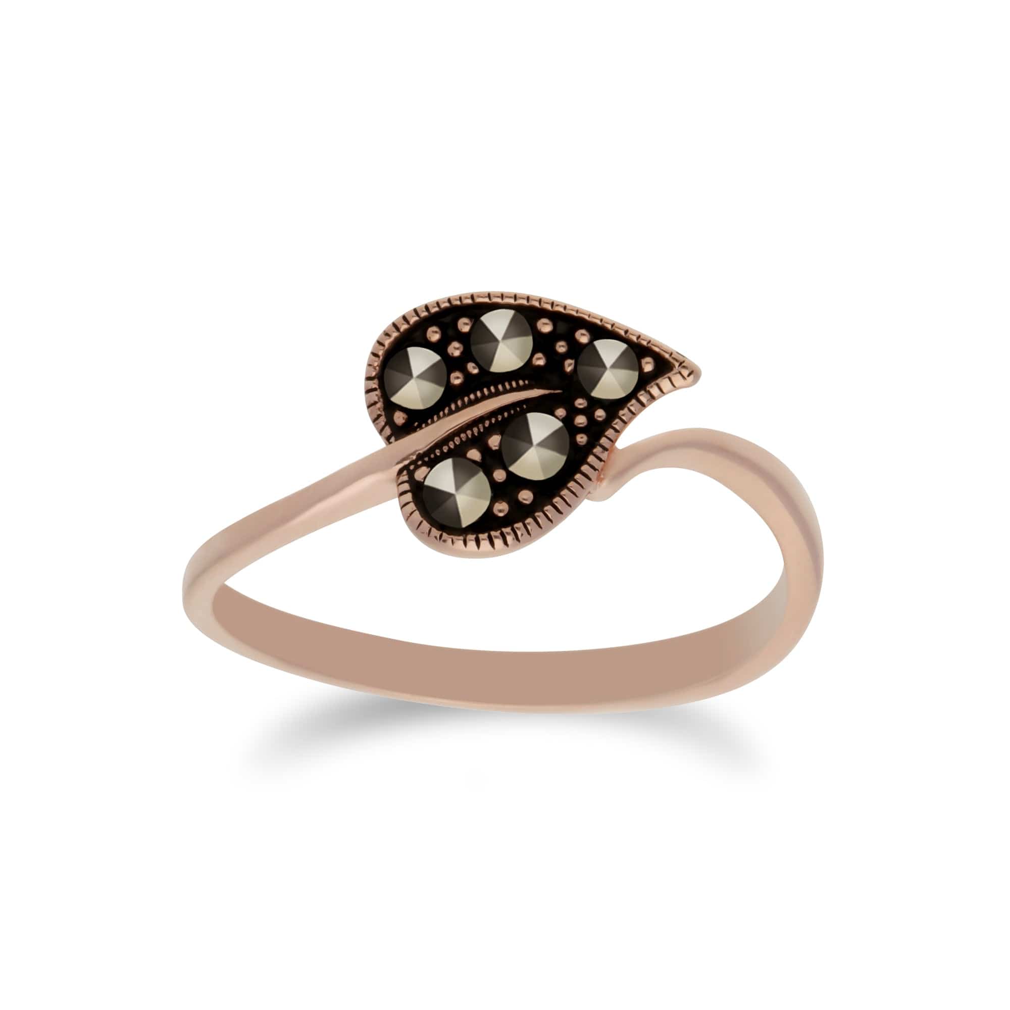 Rose Gold Plated Silver Round Marcasite Leaf Design Ring - Gemondo