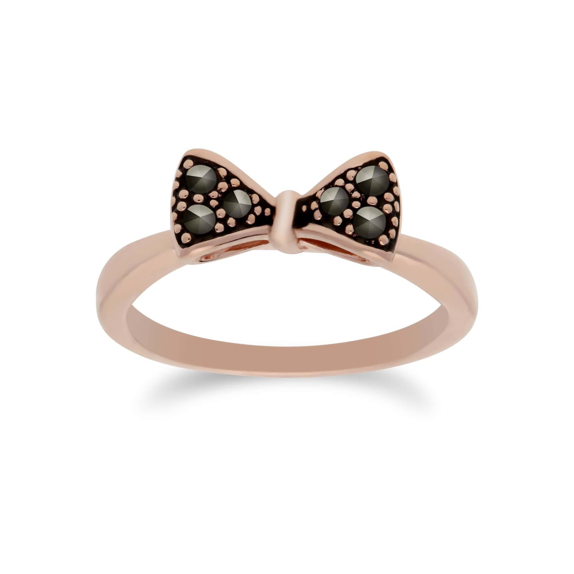Rose Gold Plated Round Marcasite Bow Design Ring in 925 Sterling Silver - Gemondo