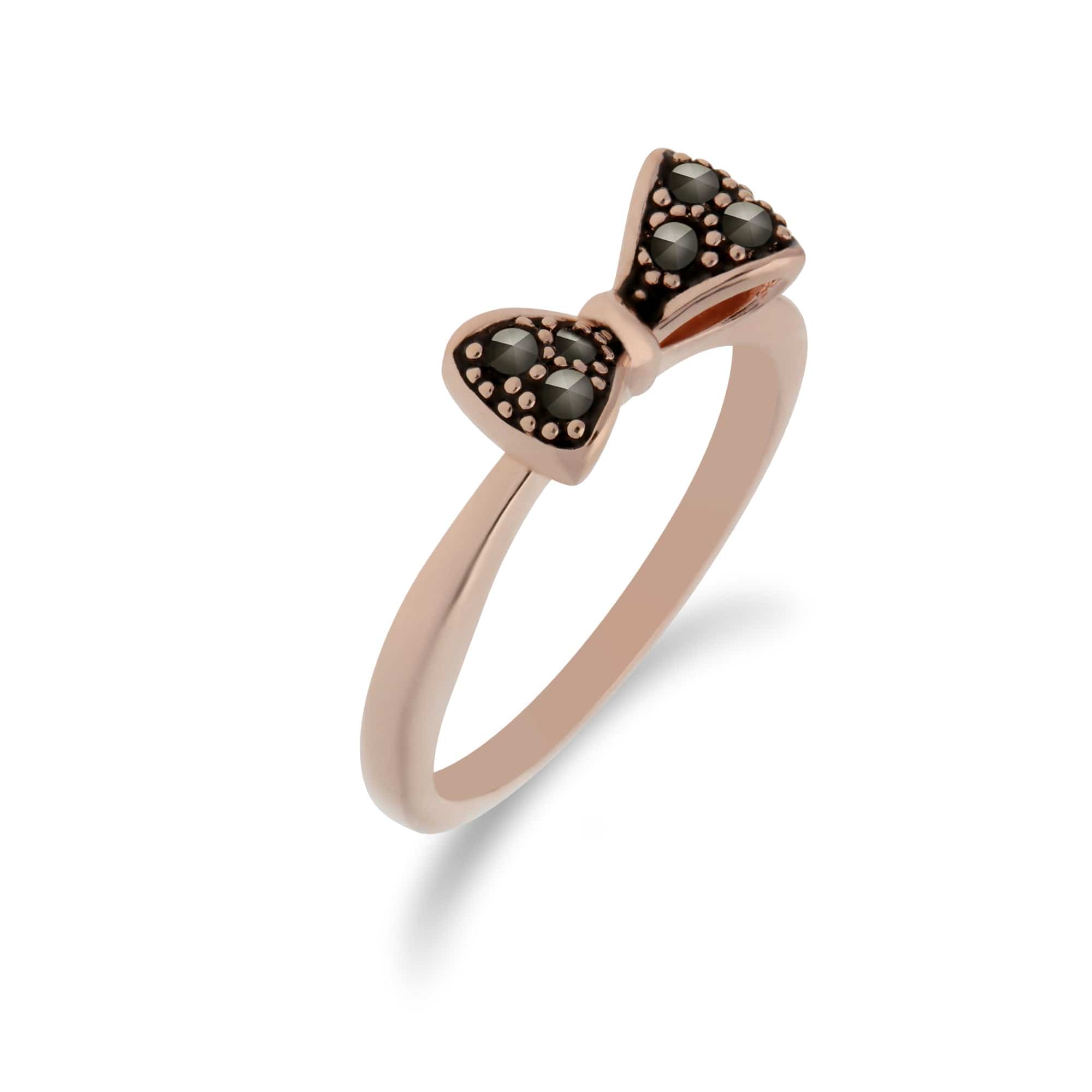 Rose Gold Plated Round Marcasite Bow Design Ring in 925 Sterling Silver - Gemondo