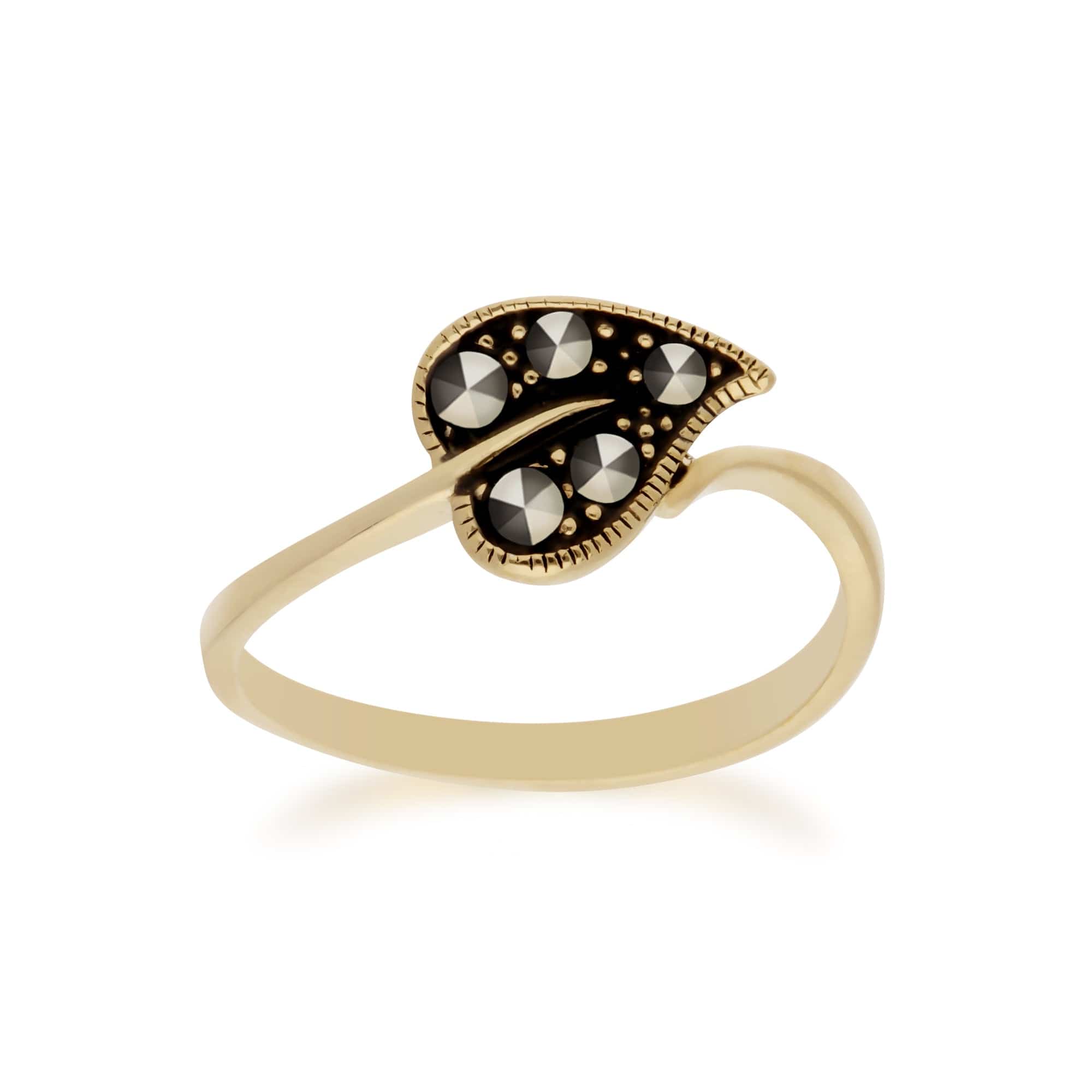 Classic Round Marcasite Leaf Design Yellow Gold Plated Silver  Ring