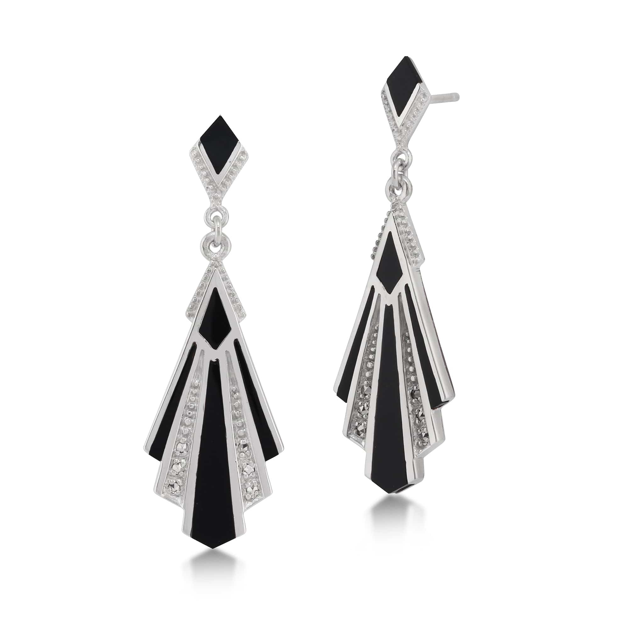 Art Deco Style Cabochon Black Onyx & Marcasite Drop Earrings - Gemondo