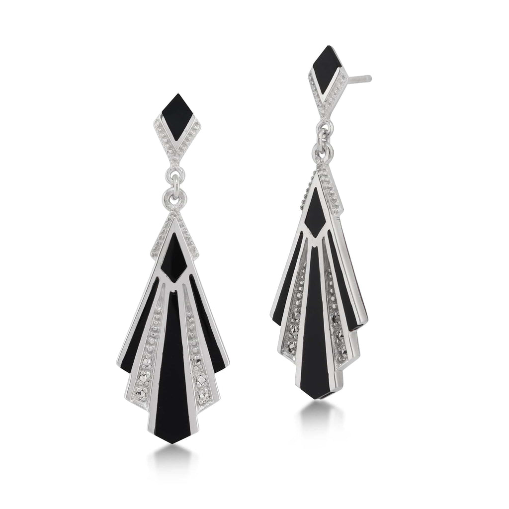 Art Deco Style Cabochon Onyx & Marcasite Drop Earrings