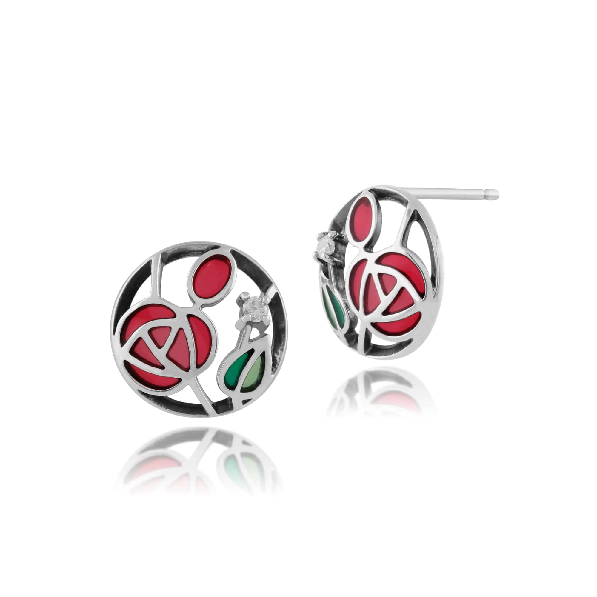 Rennie Mackintosh Round Diamond & Enamel Stud Earrings in 925 Sterling Silver - Gemondo
