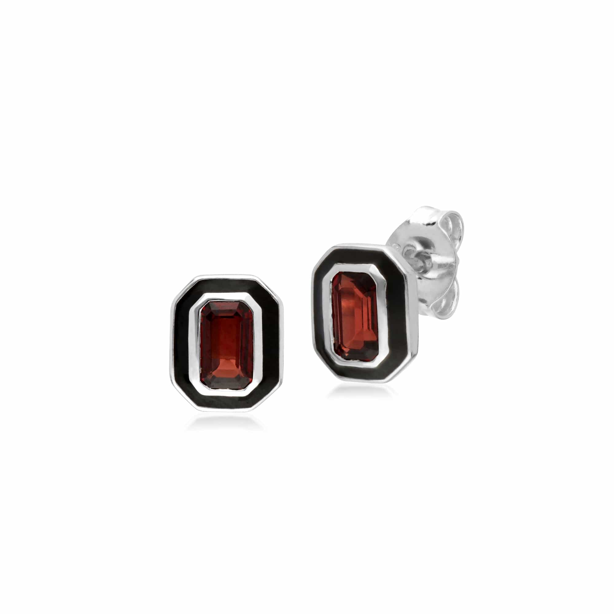 241E121007925 Gemondo Sterling Silver Garnet and Black Enamel Octagon Stud Earrings 1