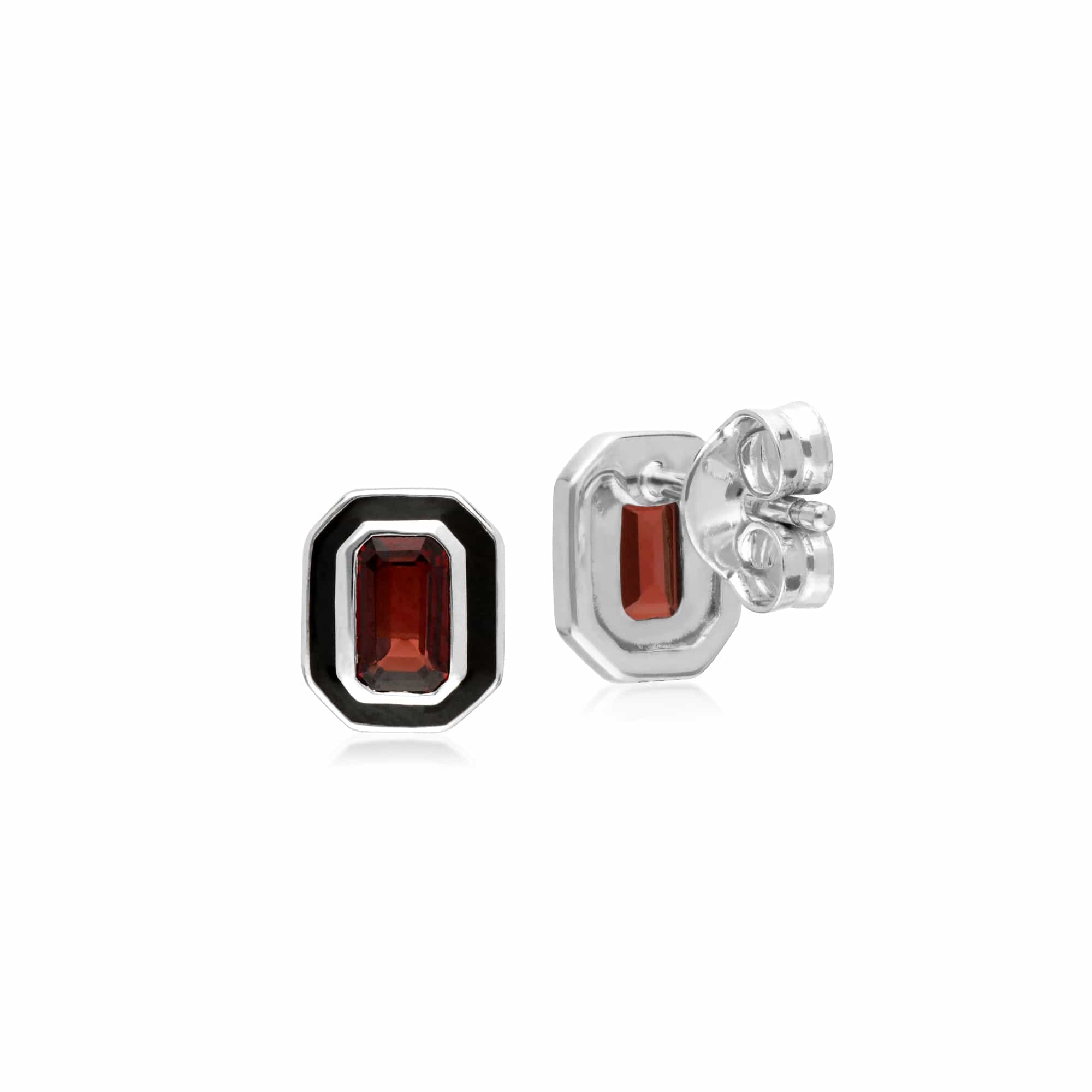 241E121007925 Gemondo Sterling Silver Garnet and Black Enamel Octagon Stud Earrings 2