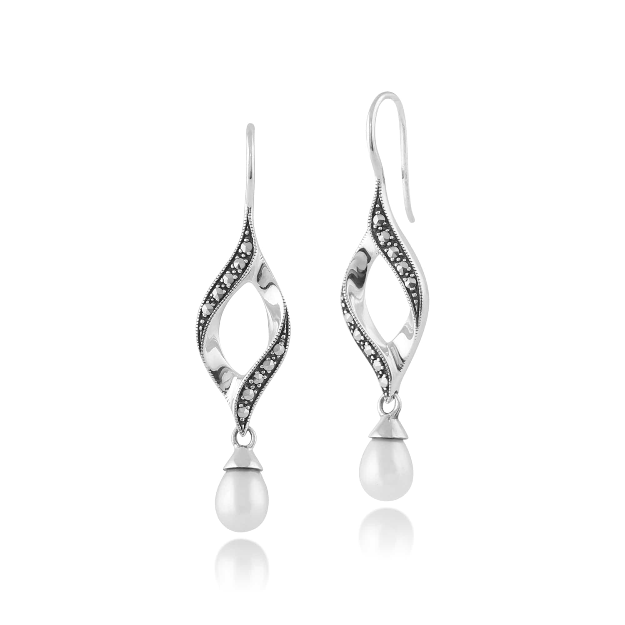 Art Nouveau Style Pear Freshwater Pearl & Marcasite Twist Drop Earrings in 925 Sterling Silver - Gemondo