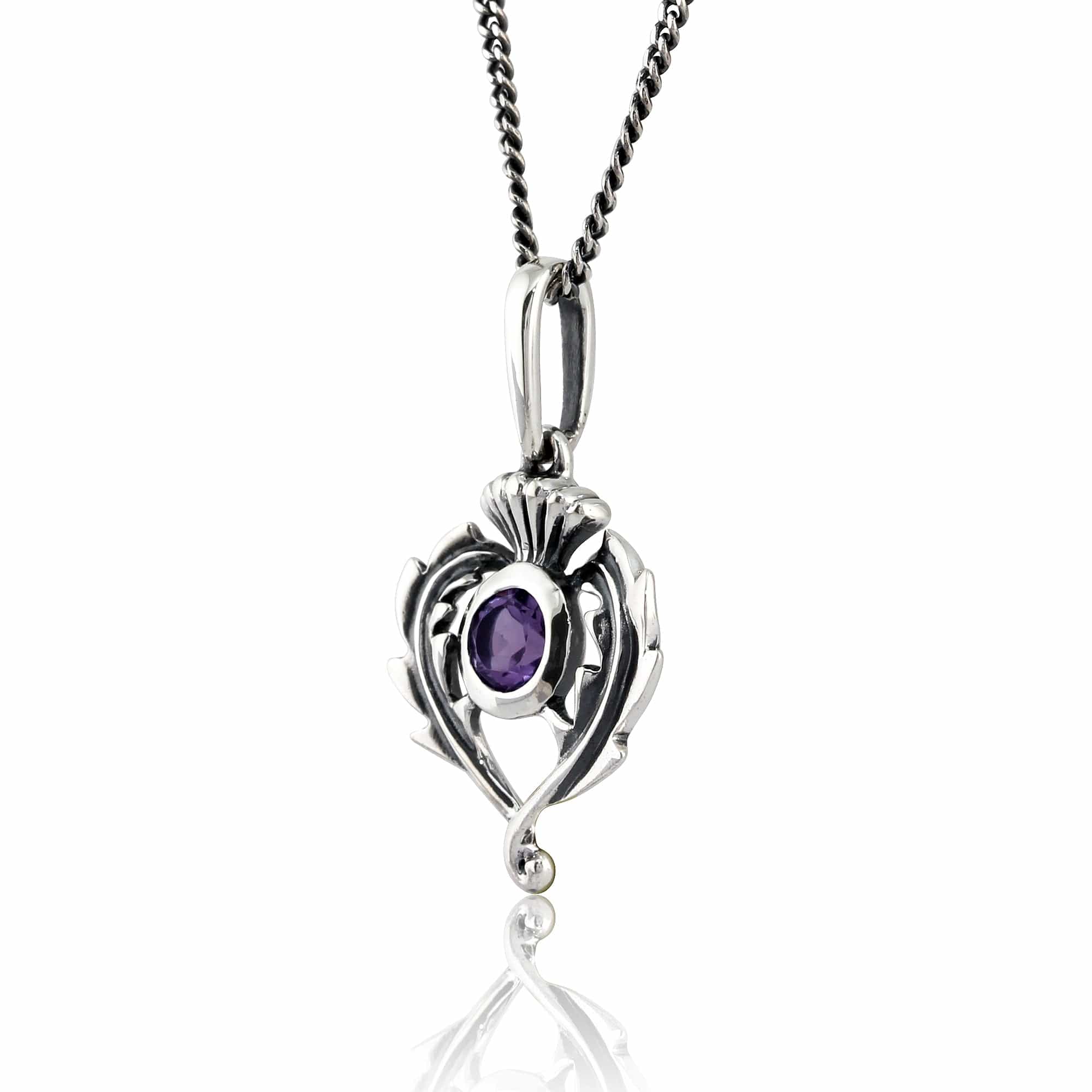 Art Nouveau Style Round Amethyst & Marcasite Thistle Pendant in 925 Sterling Silver - Gemondo