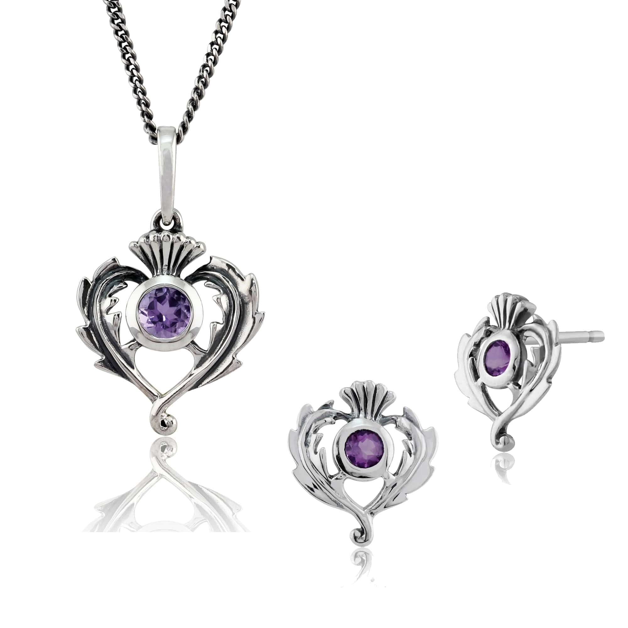 Art Nouveau Amethyst Thistle Stud Earrings & Pendant Set Image 1