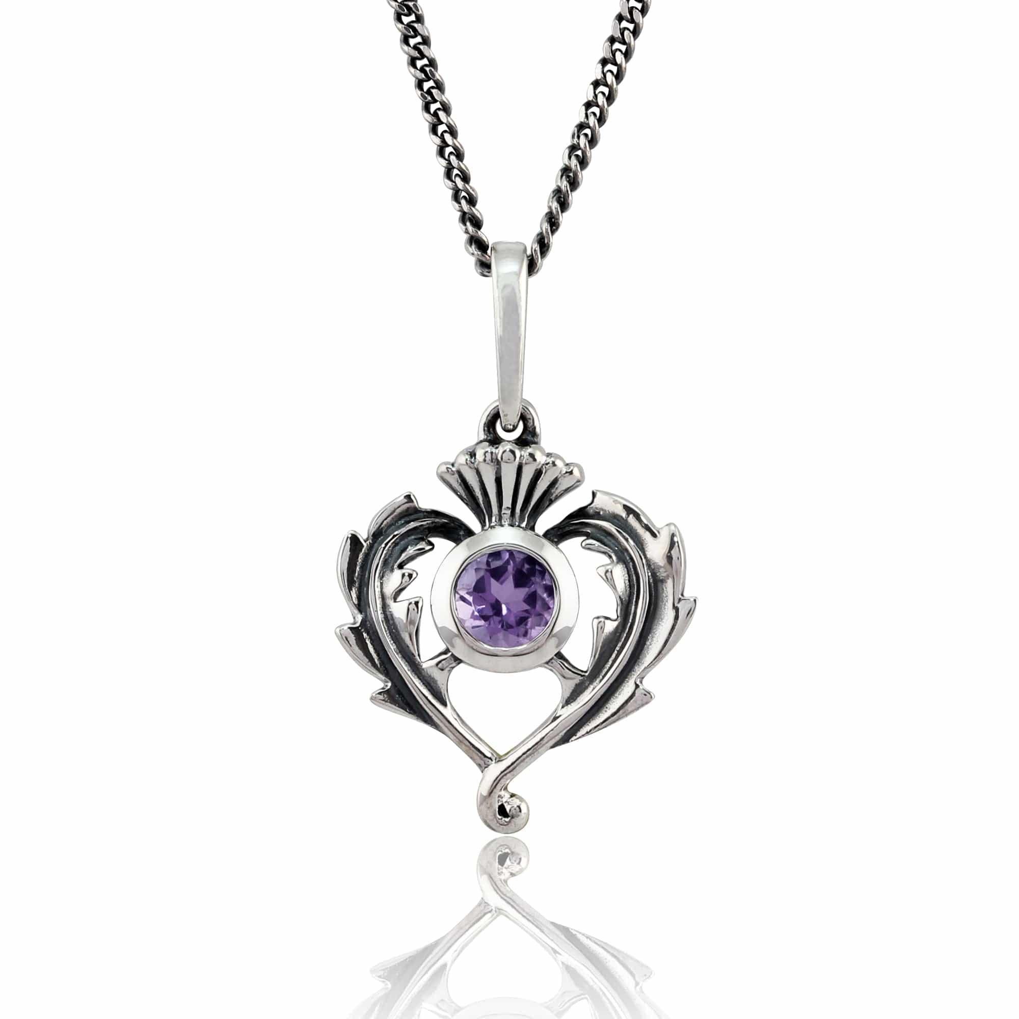 Art Nouveau Style Round Amethyst & Marcasite Thistle Pendant in 925 Sterling Silver - Gemondo