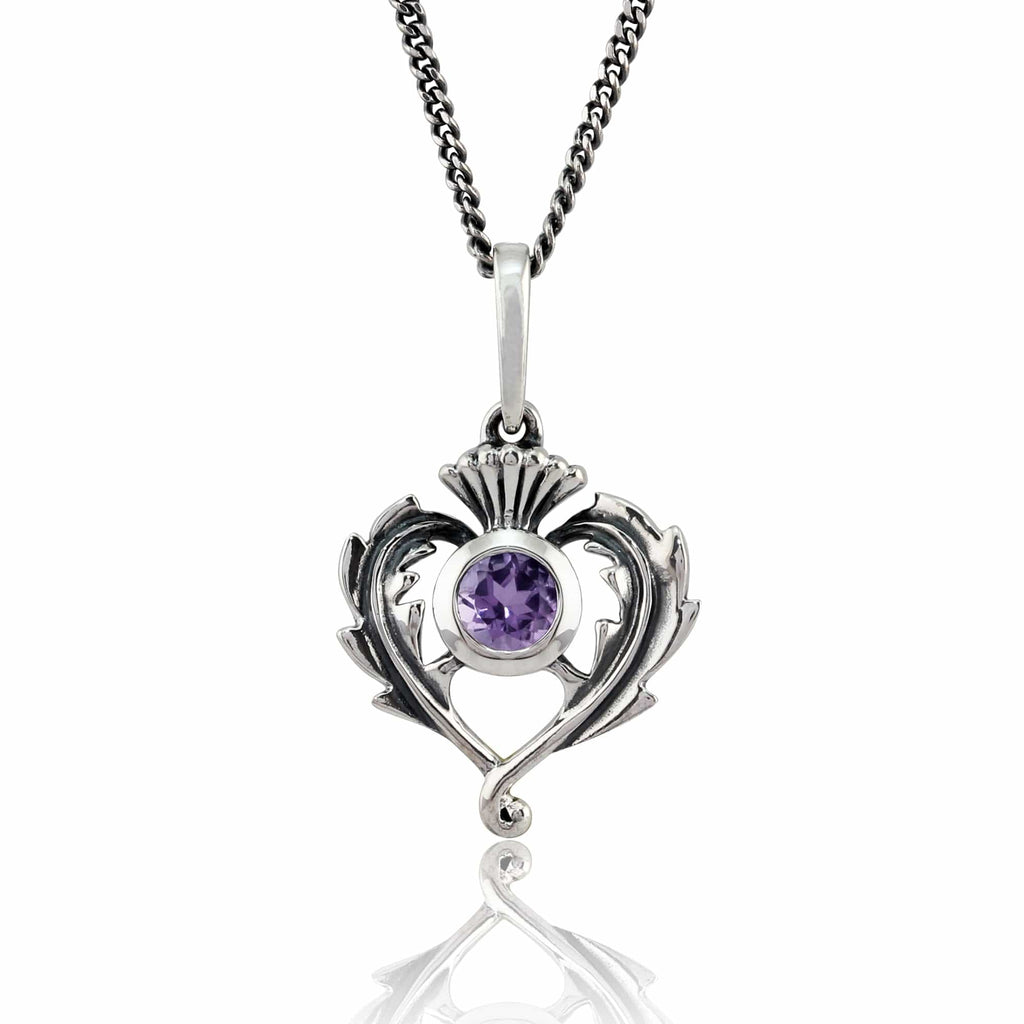 Art Nouveau Style Round Amethyst & Marcasite Thistle Pendant 925 Sterling