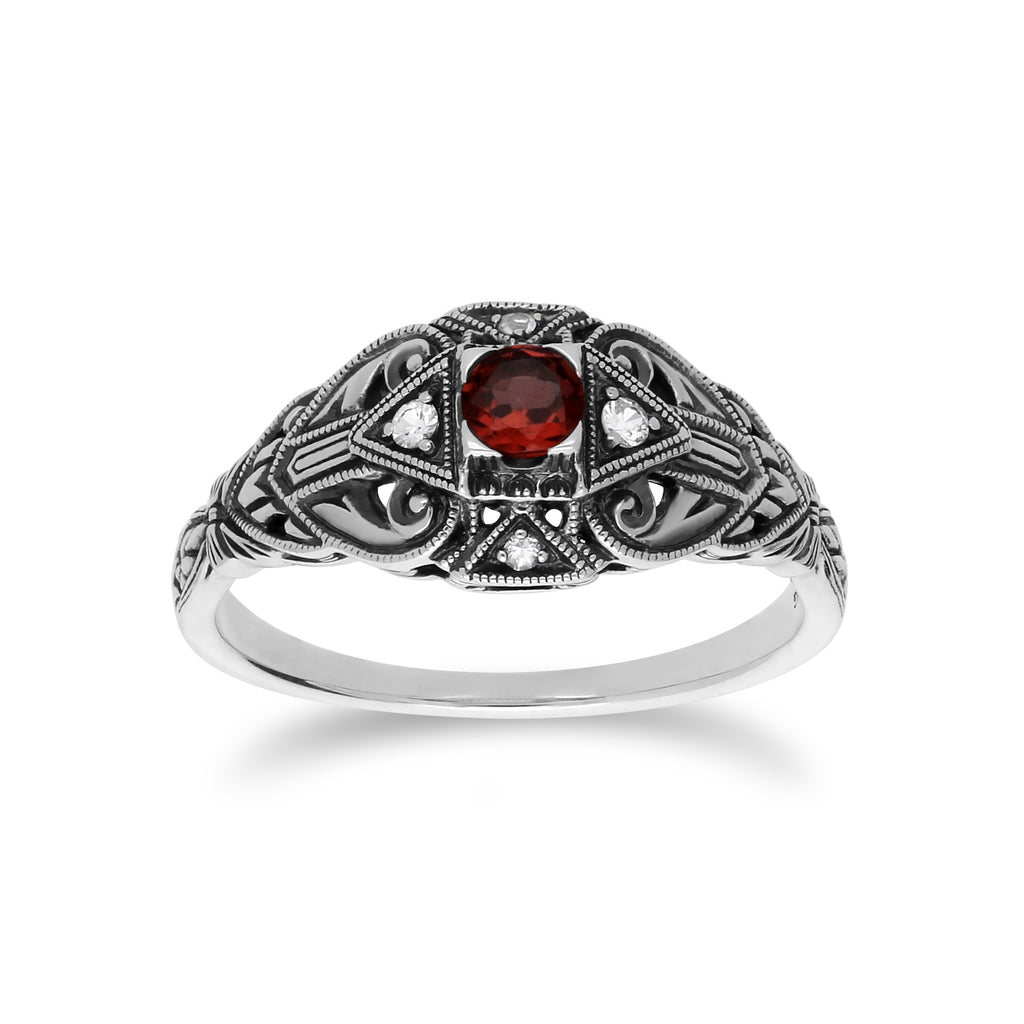 Art Deco Style Round Garnet & Topaz Ring 925 Sterling Silver