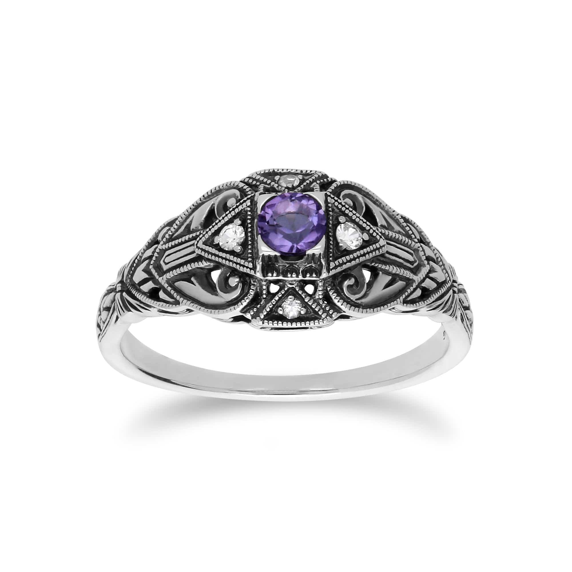 Art Deco Style Round Amethyst & White Topaz  Ring in 925 Sterling Silver - Gemondo