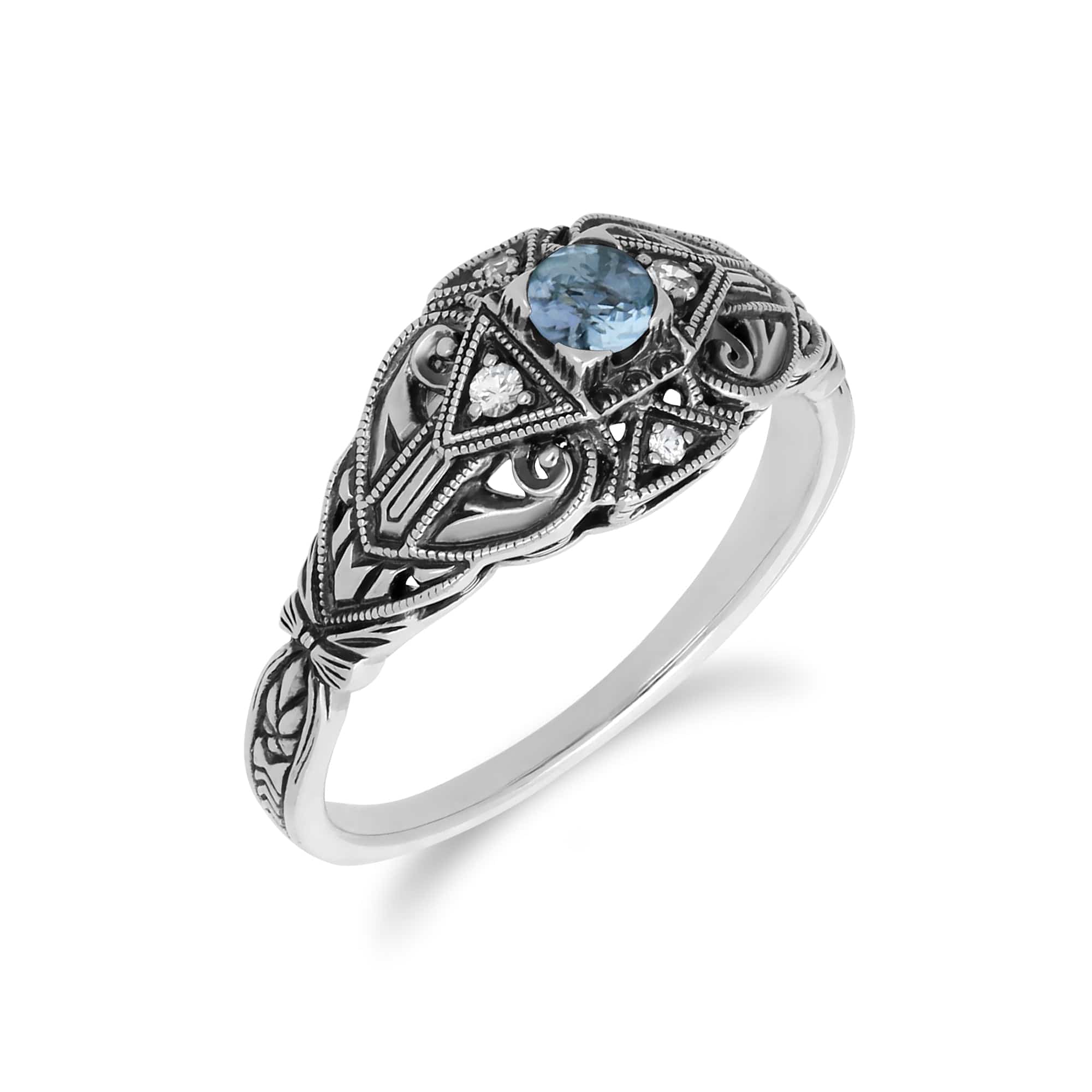 Art Deco Style Round Blue Topaz & White Topaz  Ring in 925 Sterling Silver - Gemondo