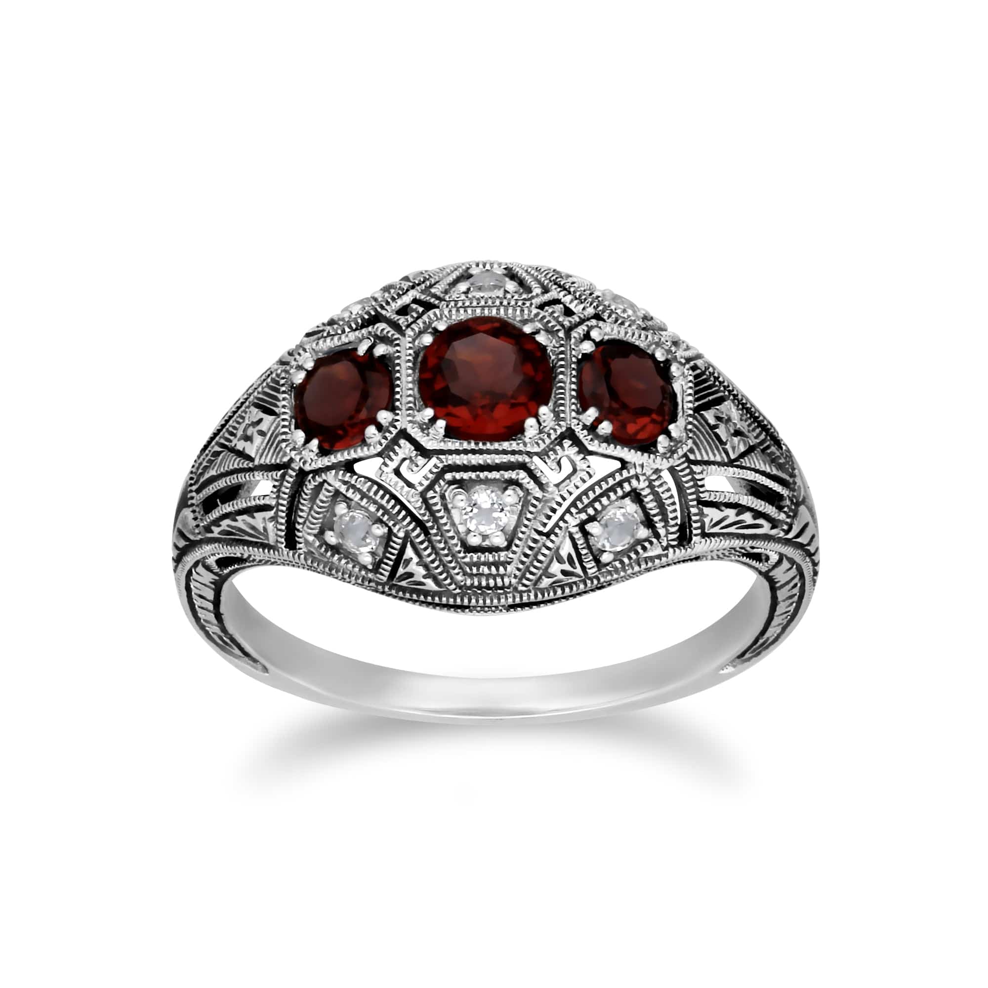 Art Deco Style Round Garnet & White Topaz Three Stone Ring in 925 Sterling Silver - Gemondo