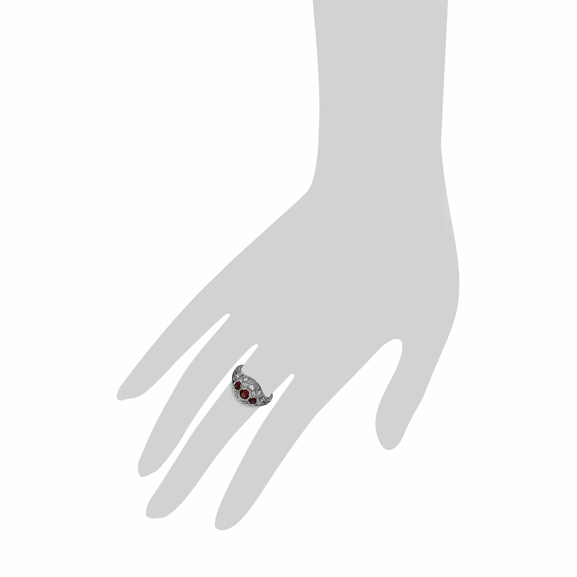 Art Deco Style Round Garnet & White Topaz Three Stone Ring in 925 Sterling Silver - Gemondo