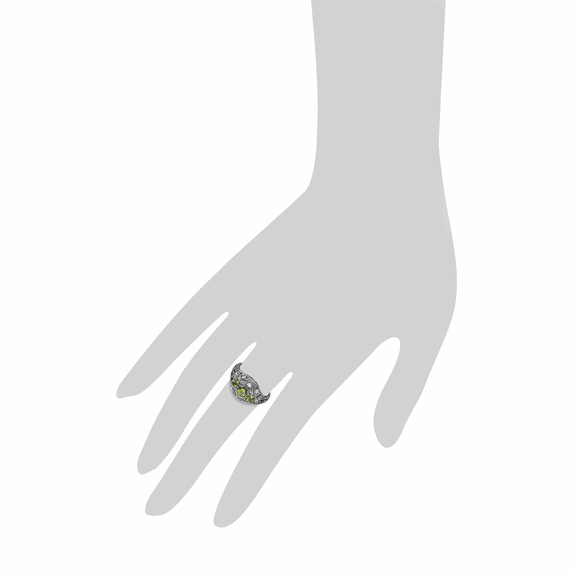 Art Deco Style Round Peridot & White Topaz Three Stone Ring in 925 Sterling Silver - Gemondo