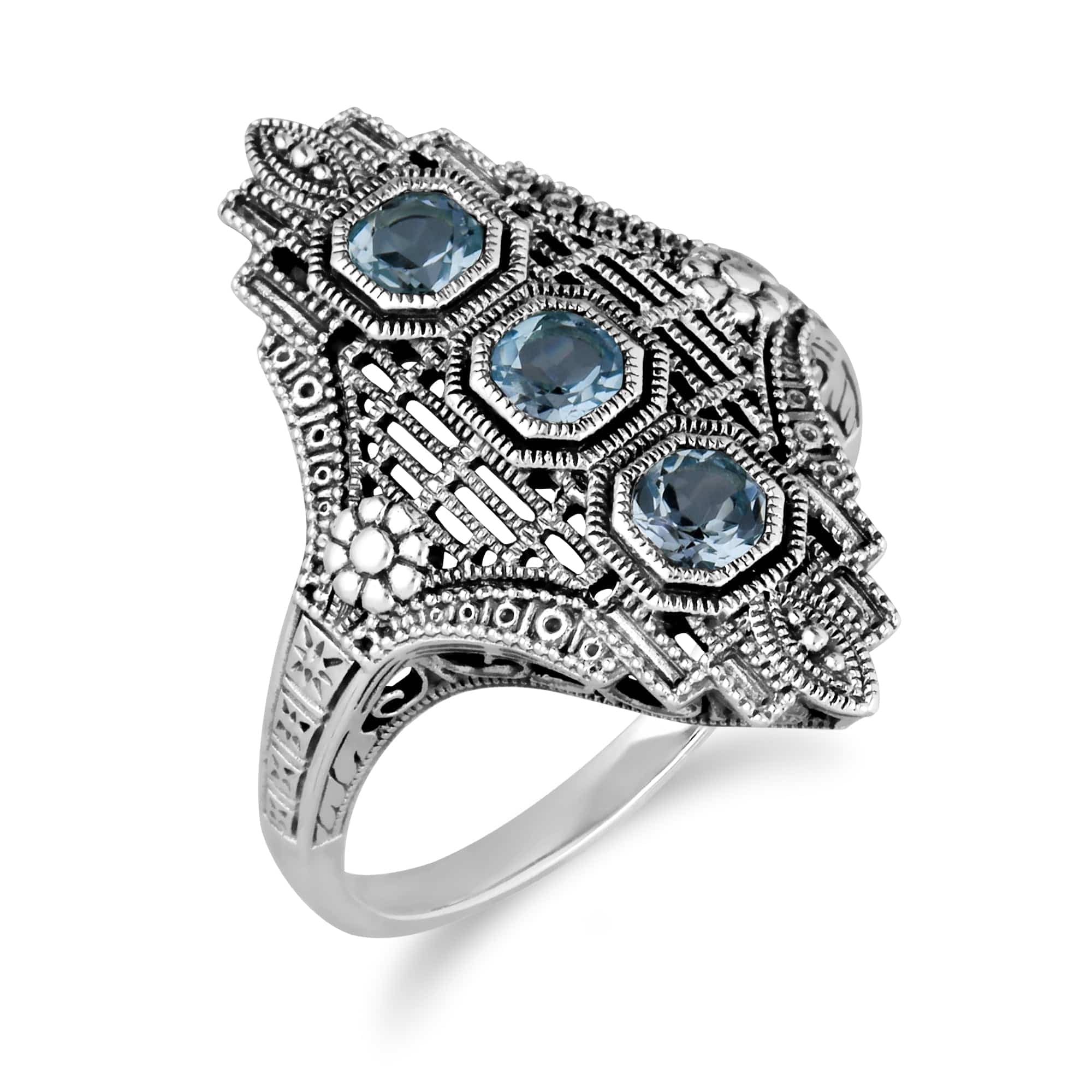 Art Nouveau Style Octagon Blue Topaz Three Stone Filigree Statement Ring in 925 Sterling Silver - Gemondo