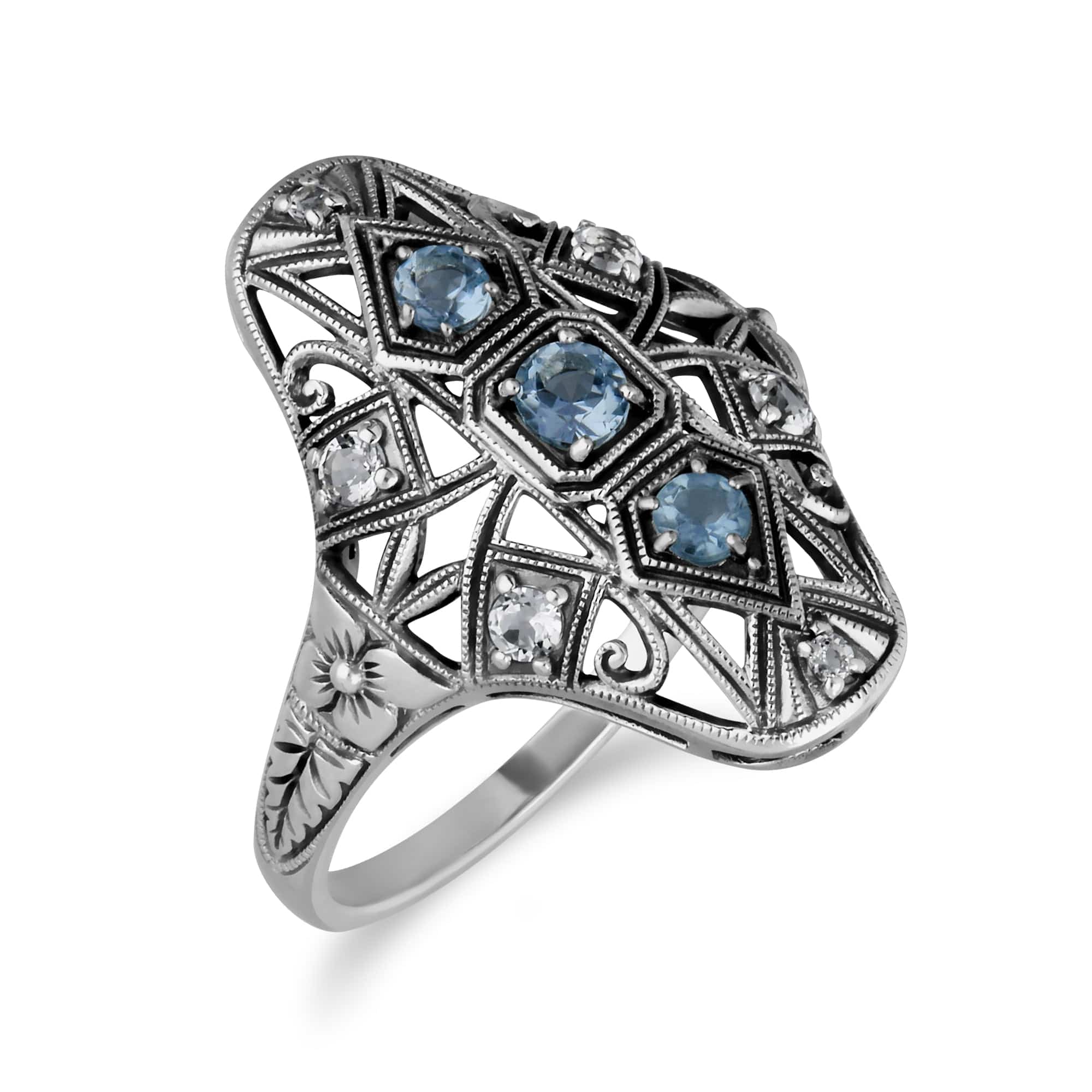 Art Nouveau Style Round Blue & White Topaz Statement Ring in 925 Sterling Silver - Gemondo