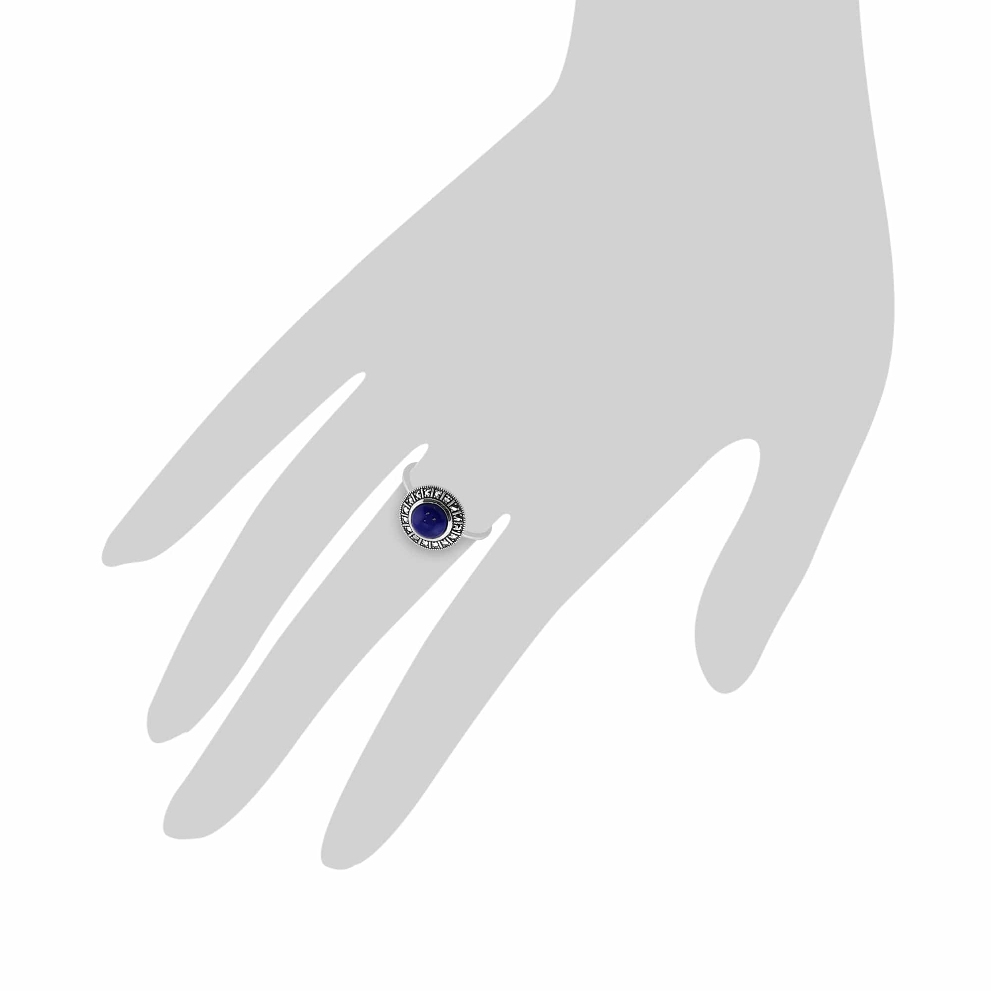 Art Deco Style Round Lapis Lazuli Cabochon & Marcasite Halo Ring in 925 Sterling Silver 2