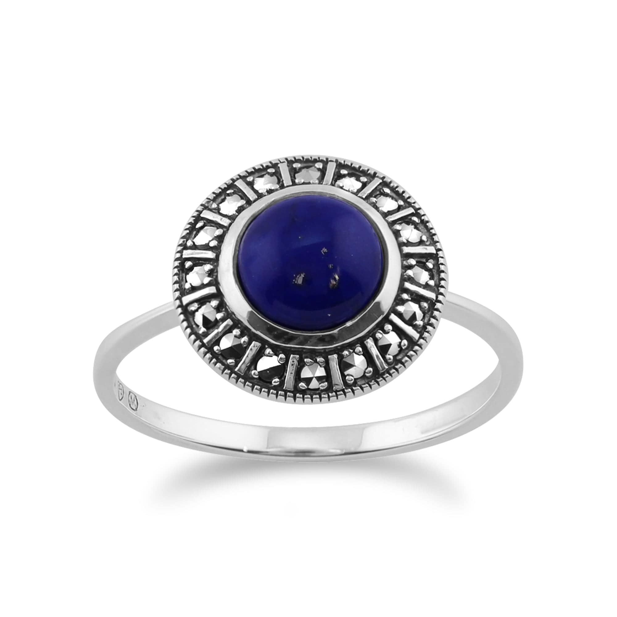 Art Deco Style Round Lapis Lazuli Cabochon & Marcasite Halo Ring in 925 Sterling Silver