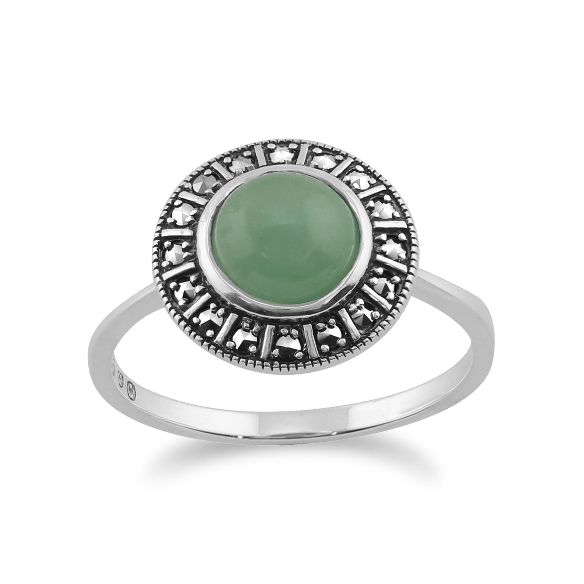Art Deco Style Round Green Jade Cabochon & Marcasite Halo Ring in 925 Sterling Silver - Gemondo