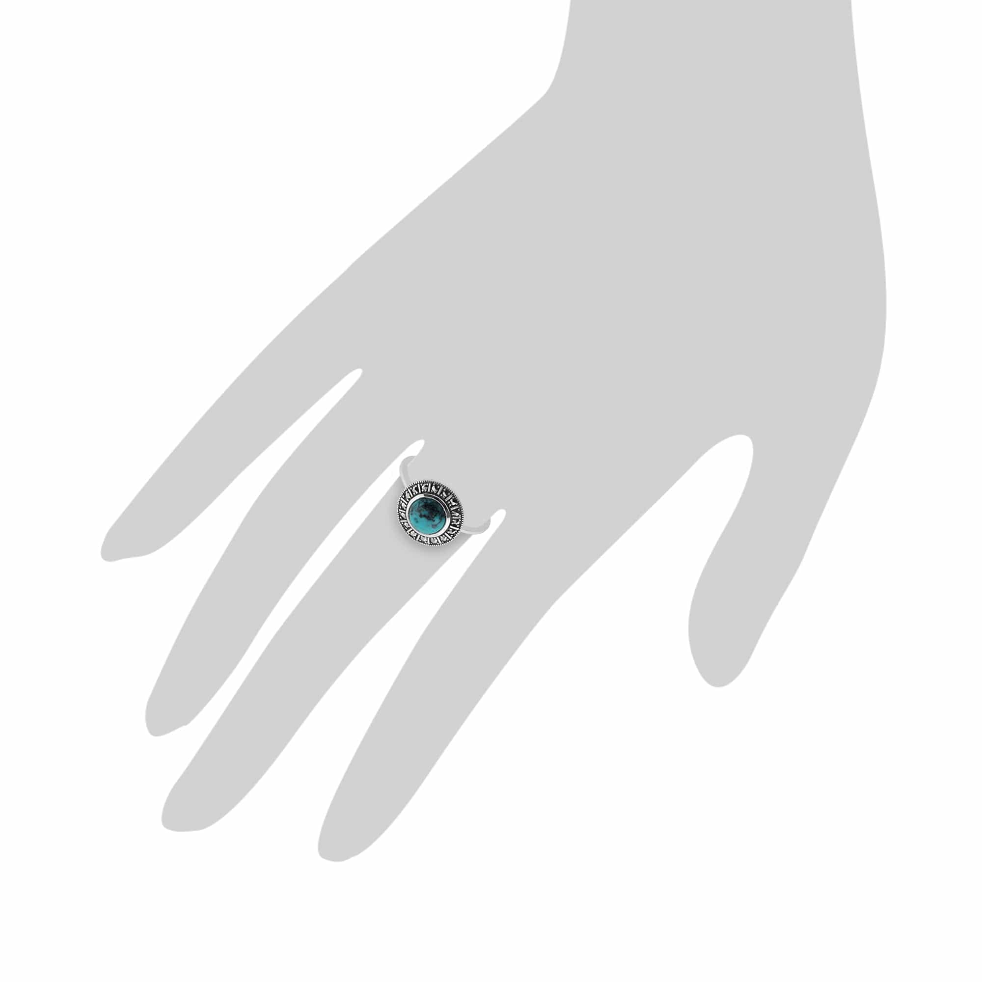 Art Deco Style Round Turquoise Cabochon & Marcasite Halo Ring in 925 Sterling Silver - Gemondo