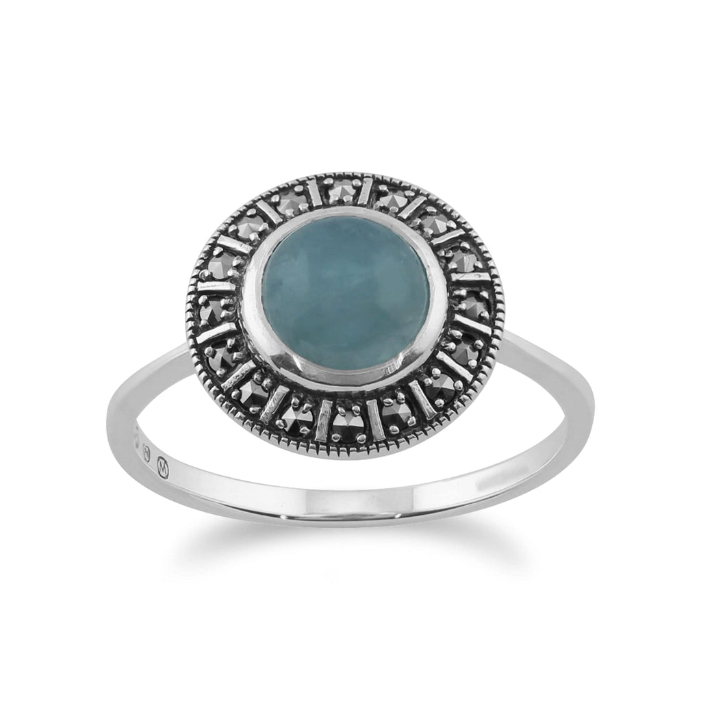 Art Deco Style Round Milky Aquamarine Cabochon & Marcasite Halo Ring