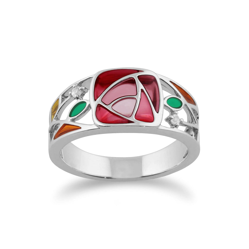 Rennie Mackintosh Round Topaz & Enamel Glasgow Rose Band Ring 925 Sterling Silver