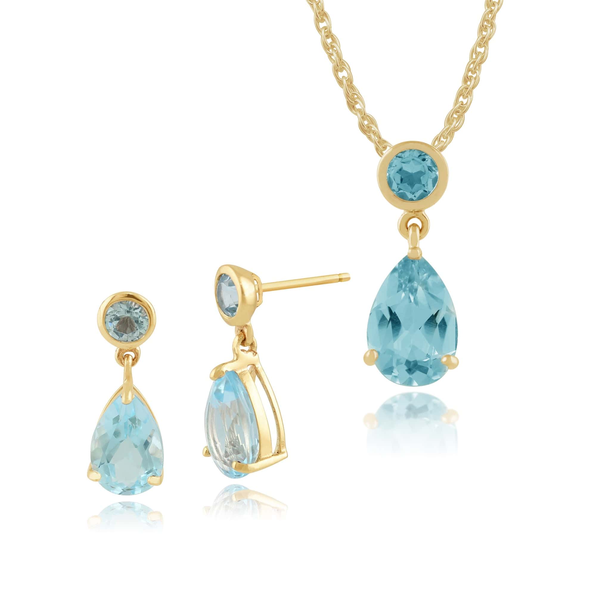 25389-186P0188029 Classic Pear & Round Blue Topaz Drop Earrings & Pendant Set in 9ct Yellow Gold 1