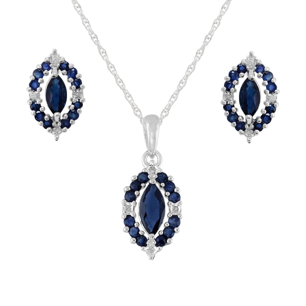 Classic Sapphire & Diamond Cluster Stud Earrings & Pendant Set Image 1