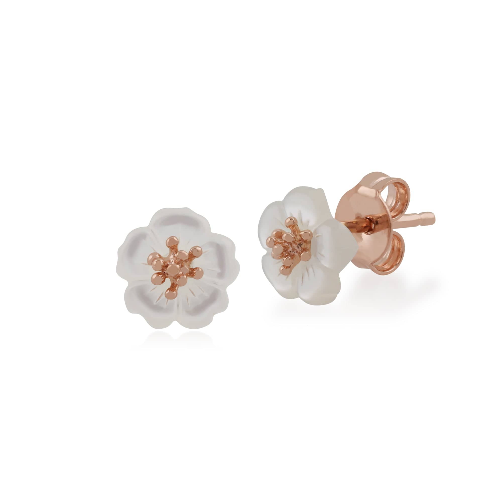 Rose Gold Plated Sterling Silver Mother of Pearl Cherry Blossom Stud Earrings Image