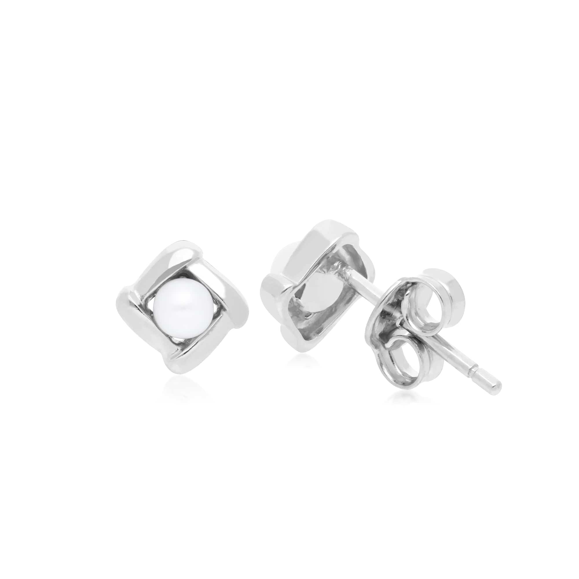 Classic Pearl Square Crossover Stud Earrings in 925 Sterling Silver - Gemondo