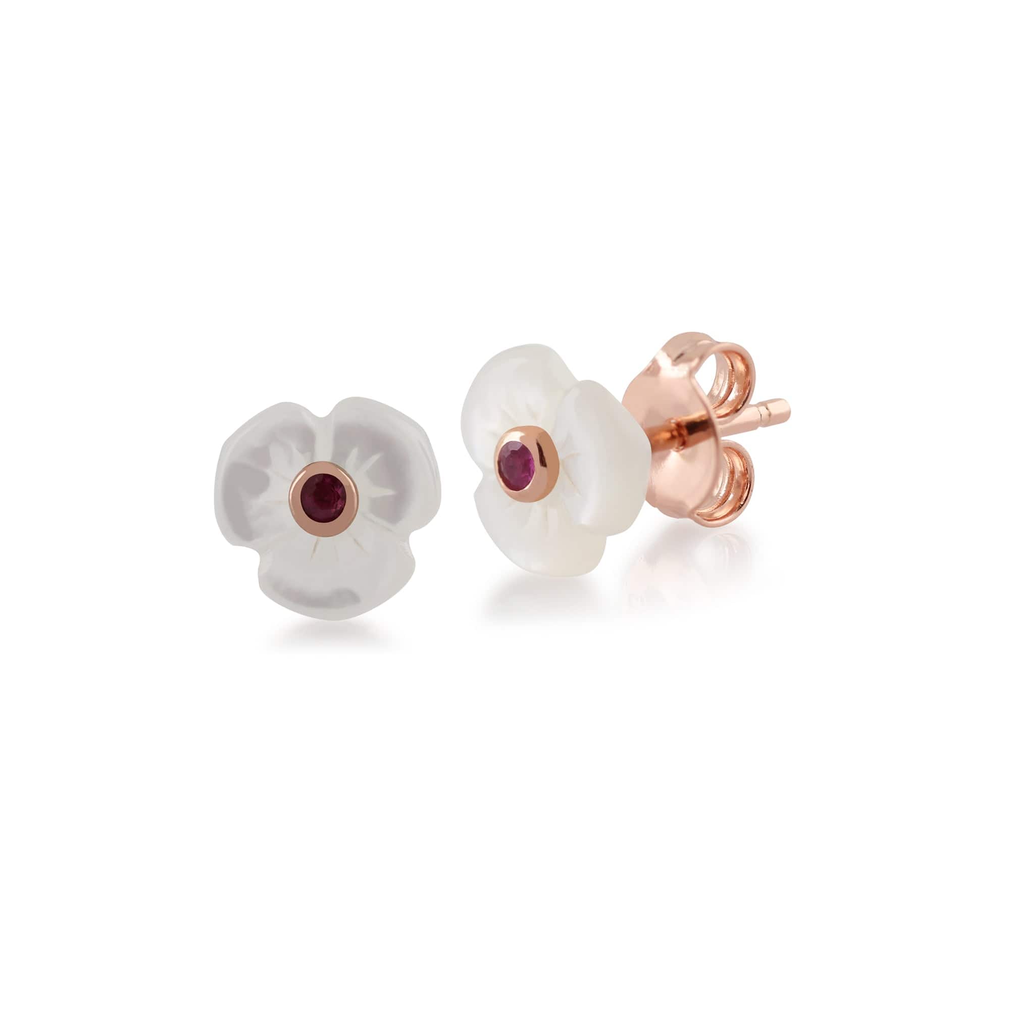 Floral Mother of Pearl & Round Ruby Poppy Stud Earrings in Rose Gold Plated 925 Sterling Silver - Gemondo