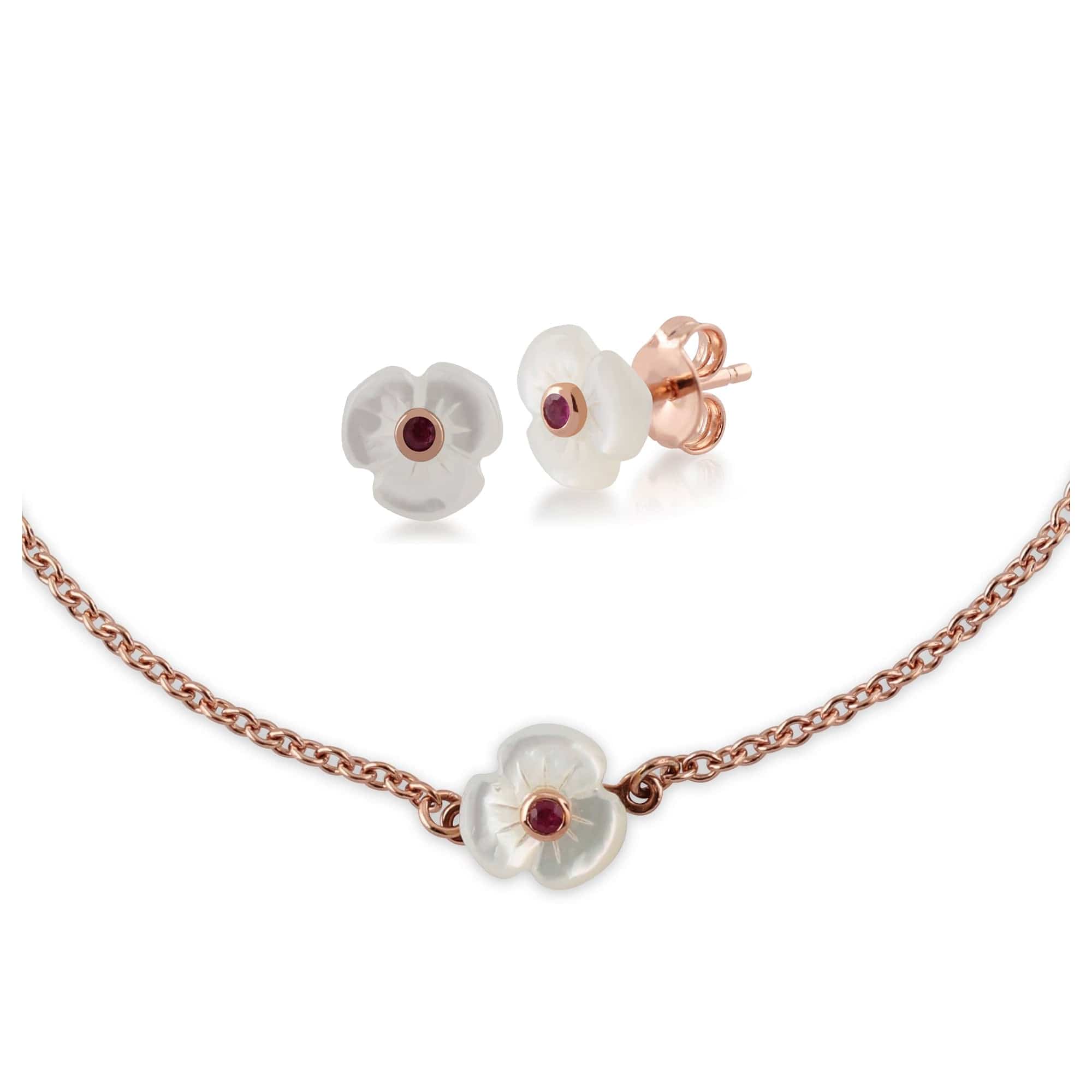253E224101925-253L098901925 Floral Round Ruby & Mother of Pearl Daisy Stud Earrings & Bracelet Set in Rose Gold Plated 925 Sterling Silver 1