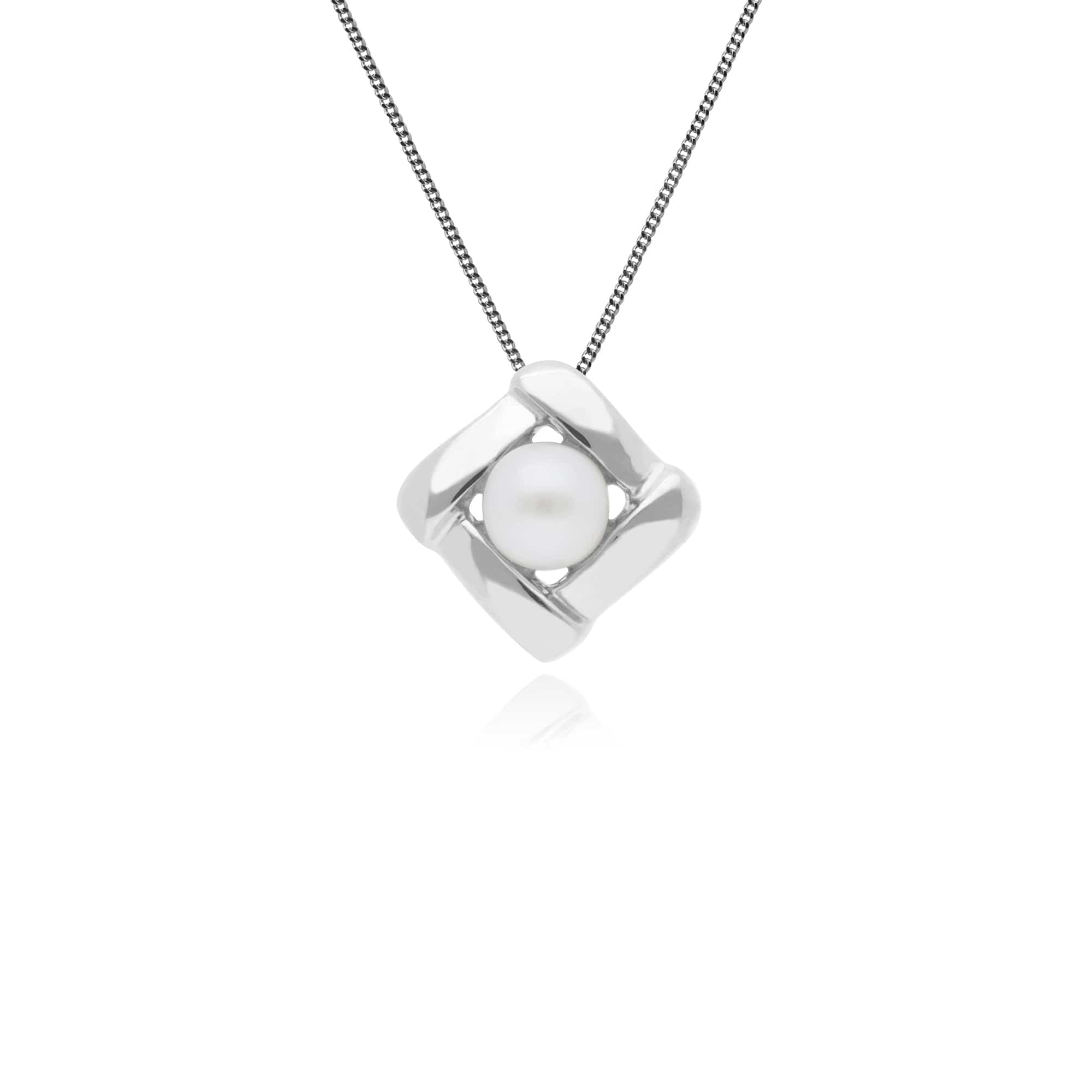 Essential Round Pearl Square Crossover Stud Earrings & Pendant Set in 925 Sterling Silver - Gemondo