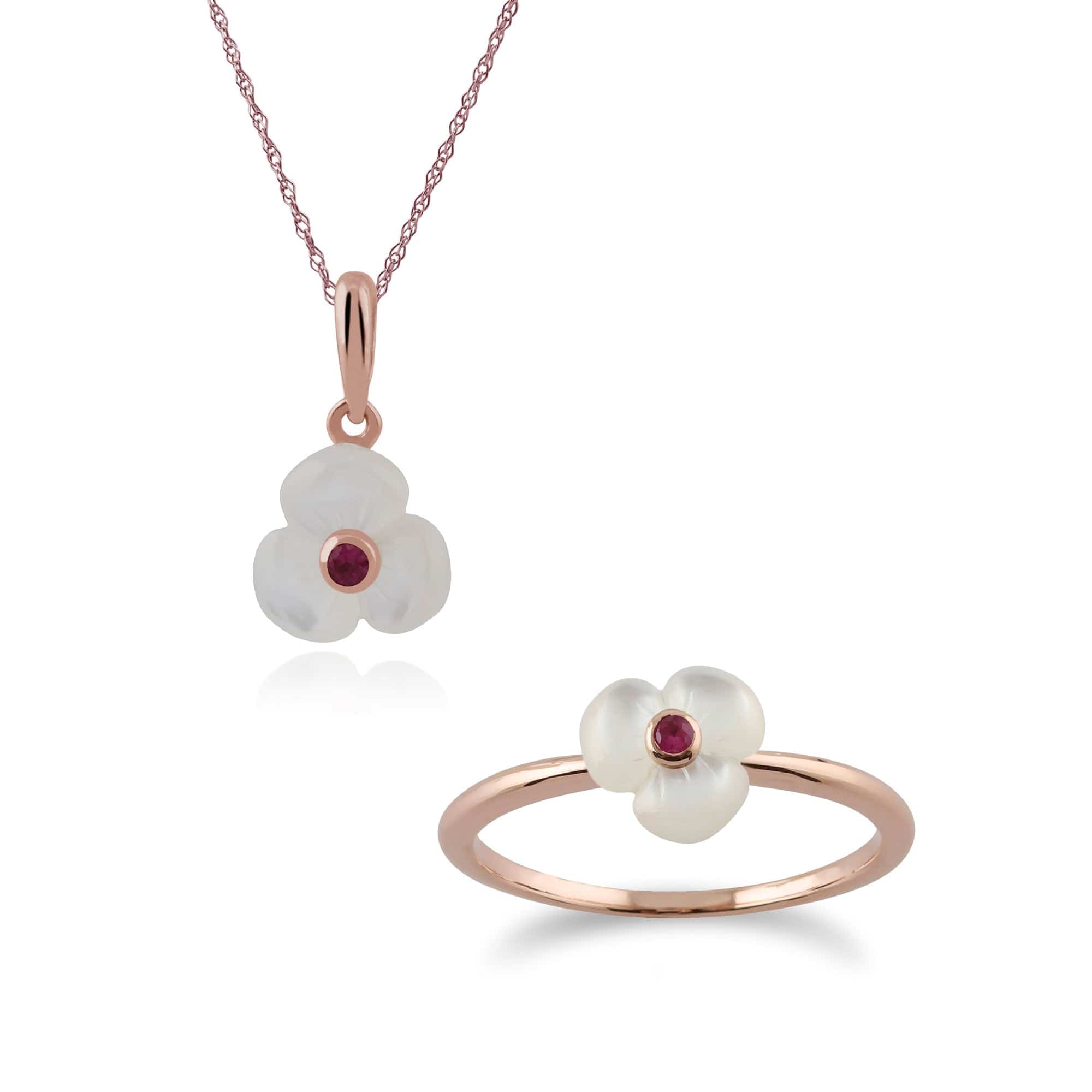 253P247201925-235R517101925 Floral Round Ruby & Mother of Pearl Poppy Pendant & Ring Set in Rose Gold Plated 925 Sterling Silver 1