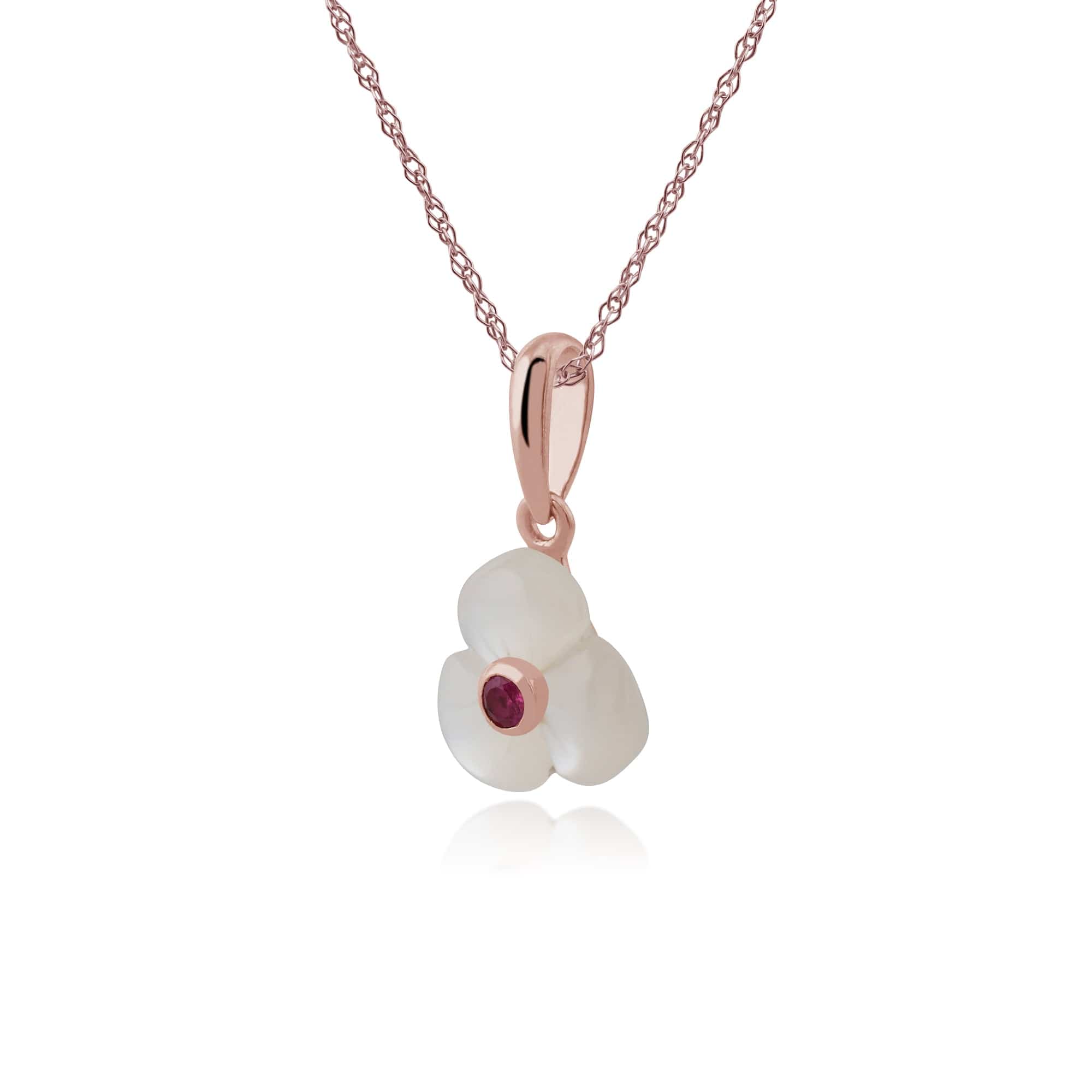 Floral Mother of Pearl & Round Ruby Poppy Pendant in Rose Gold Plated 925 Sterling Silver - Gemondo