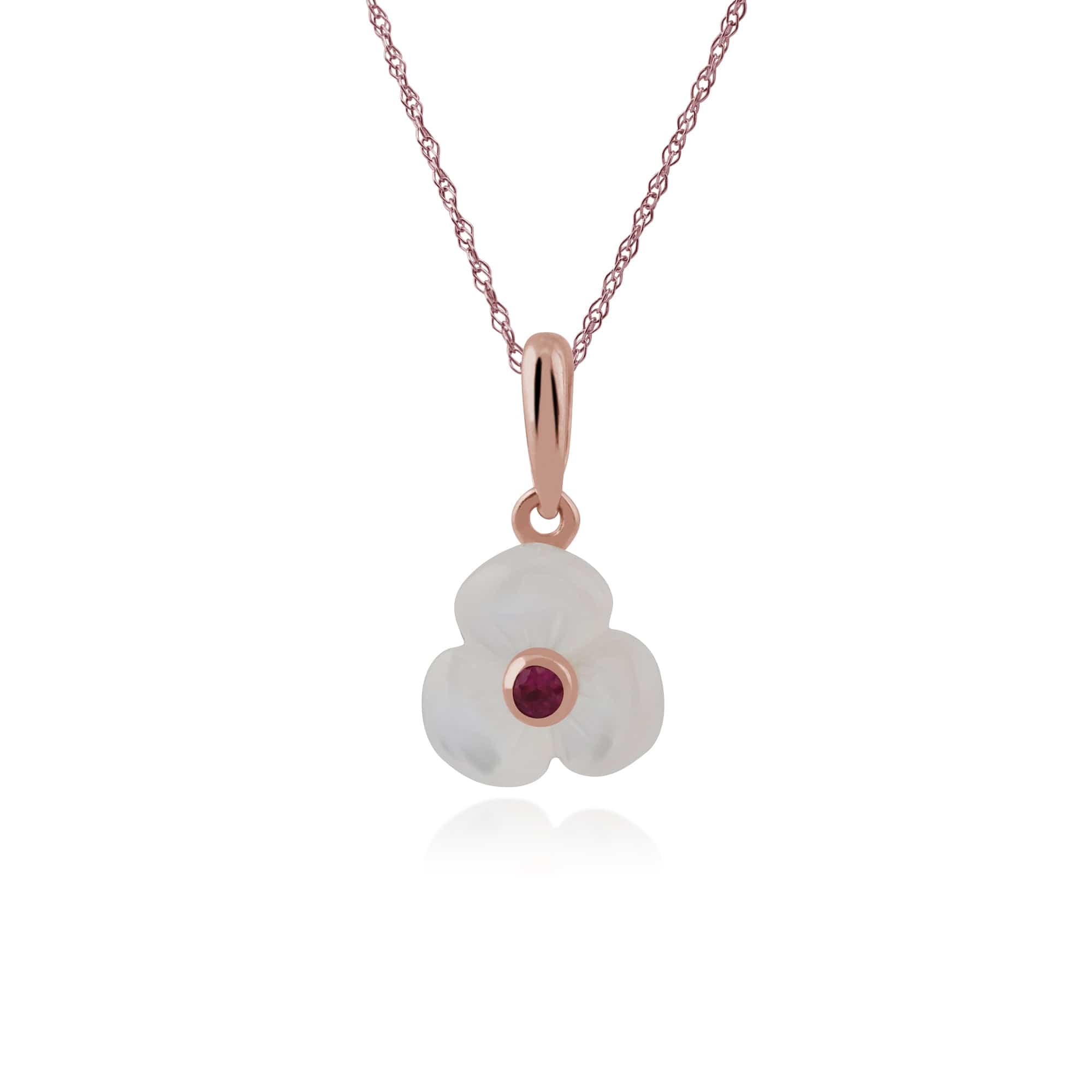Floral Mother of Pearl & Round Ruby Poppy Pendant in Rose Gold Plated 925 Sterling Silver - Gemondo