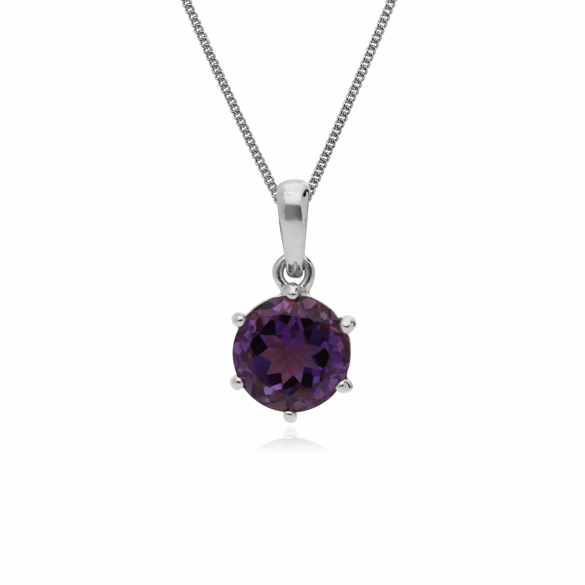 Classic Round Cut Amethyst 6 Claw Pendant in 925 Sterling Silver - Gemondo