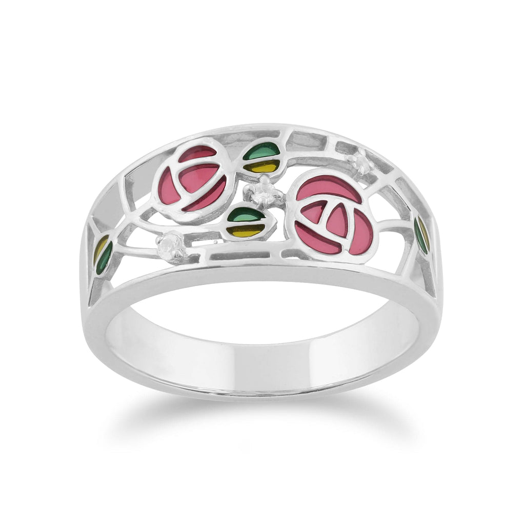 Rennie Mackintosh Round Topaz Glasgow Rose Band Ring 925 Sterling Silver