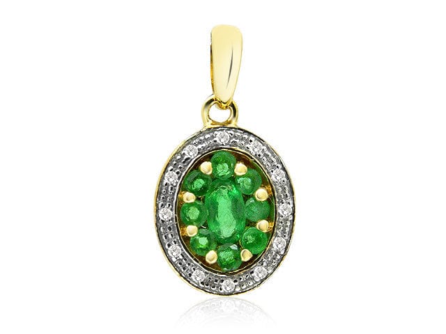 9ct Yellow Gold 0.49ct Natural Emerald & Diamond Oval Cluster Pendant on Chain Image