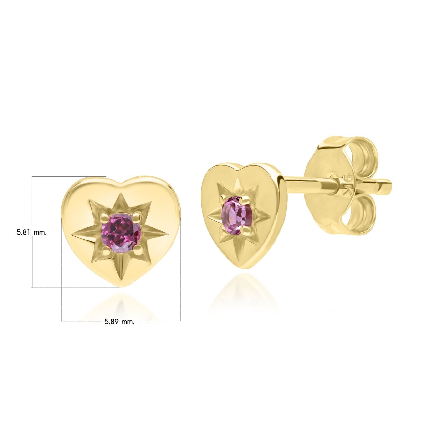 ECFEW™ 'The Liberator' Rhodolite Heart Stud Earrings in 9ct Yellow Gold - Gemondo