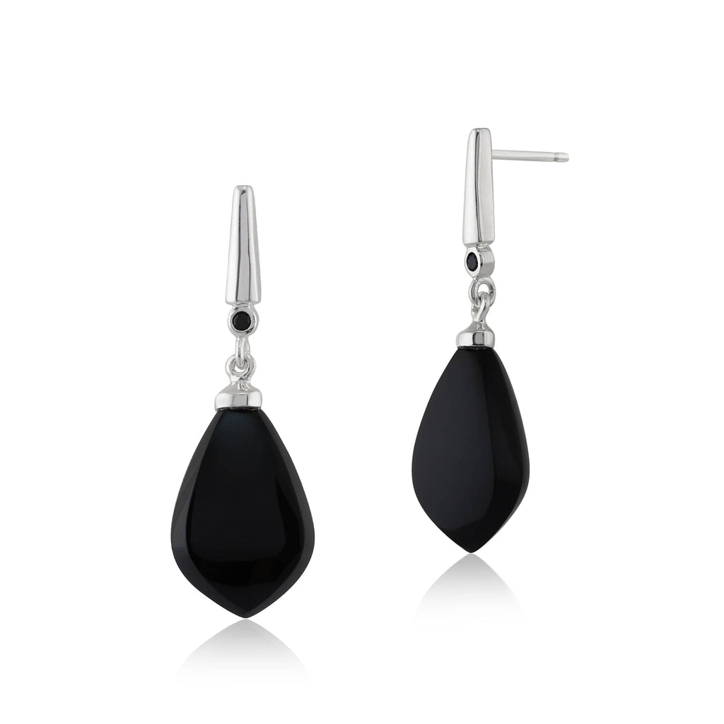 Art Deco Style Pear Onyx & Spinel Drop Earrings 925 Sterling Silver
