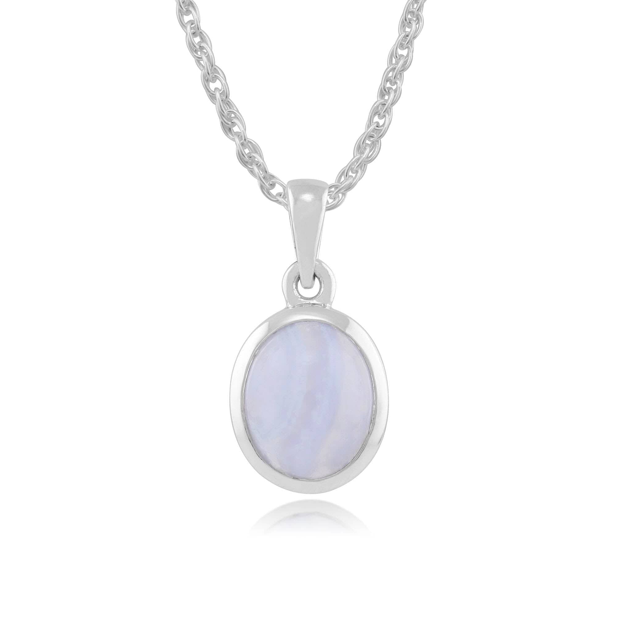 Classic Oval Blue Lace Agate Bezel Set Pendant in 925 Sterling Silver - Gemondo