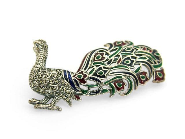 Art Nouveau Style Marcasite & Enamel Peacock Brooch in 925 Sterling Silver - Gemondo