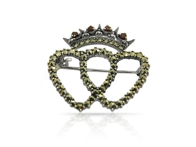 Art Nouveau Style Garnet & Marcasite Crown & Heart Brooch in 925 Sterling Silver - Gemondo