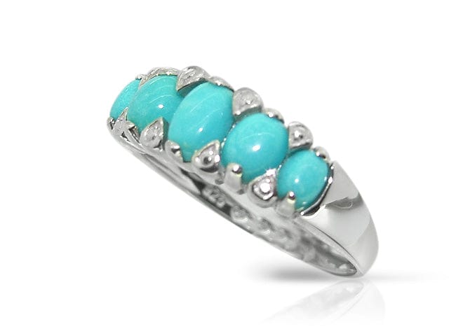 Art Deco Style Oval Turquoise Cabochon Five Stone Ring in 925 Sterling Silver - Gemondo