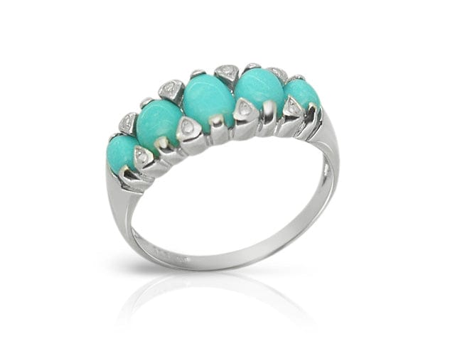 Art Deco Style Oval Turquoise Cabochon Five Stone Ring in 925 Sterling Silver - Gemondo